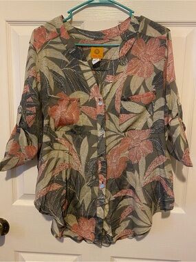 Ruby Rd. Floral Button-Front Blouse in Pink & Olive
